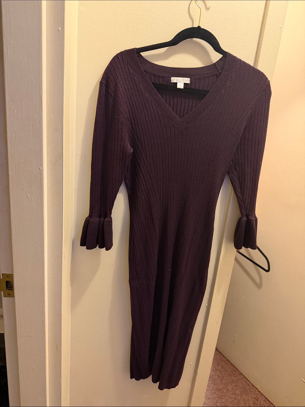 New York & Company Ribbed V-Neck Midi Dress in Deep Plum